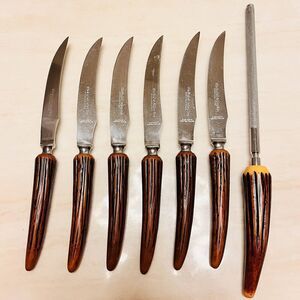 VTG Olde English Cutlery & Sheffield England Steak Knife Set of 6 w/ Sharpener